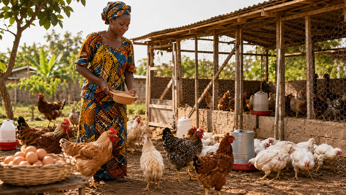 Fermière, poulets et œufs sous le soleil